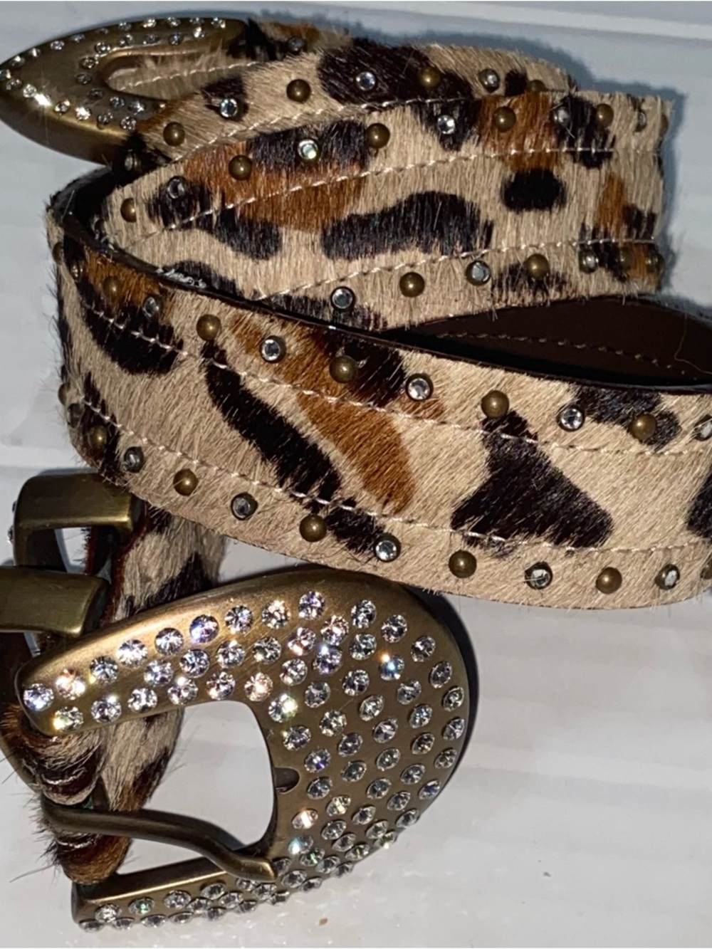 Vtg Fabrizio Mancini Italian Cowhide Leather Rhinestone Leopard Print Belt
